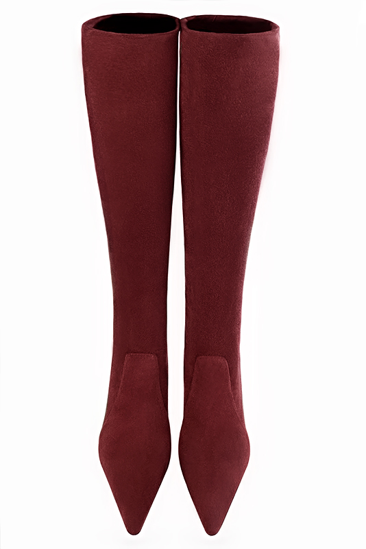 Burgundy red women's feminine knee-high boots. Pointed toe. Very high spool heels. Made to measure. Top view - Florence KOOIJMAN